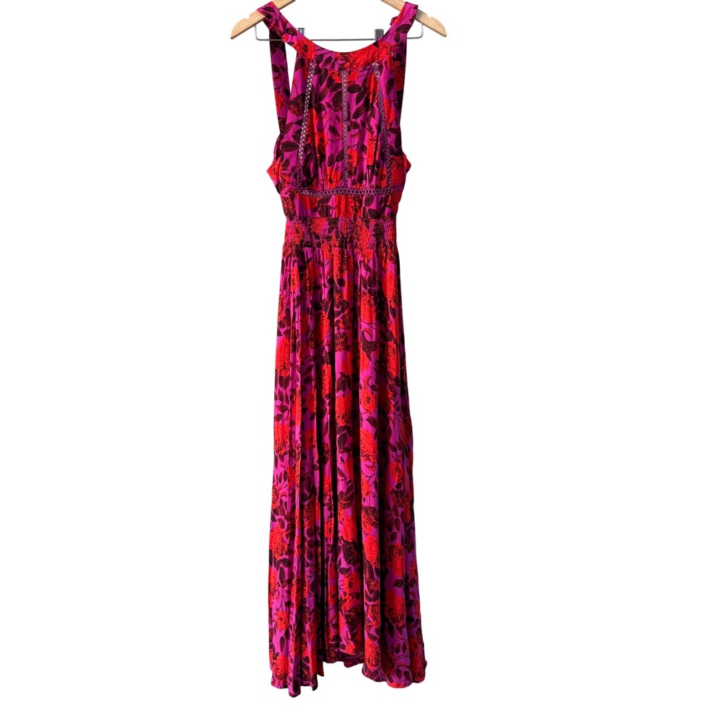 Abel The Label Womens M Charlotte Halter Maxi Dress Fuchsia Smocked Tie Back NWT